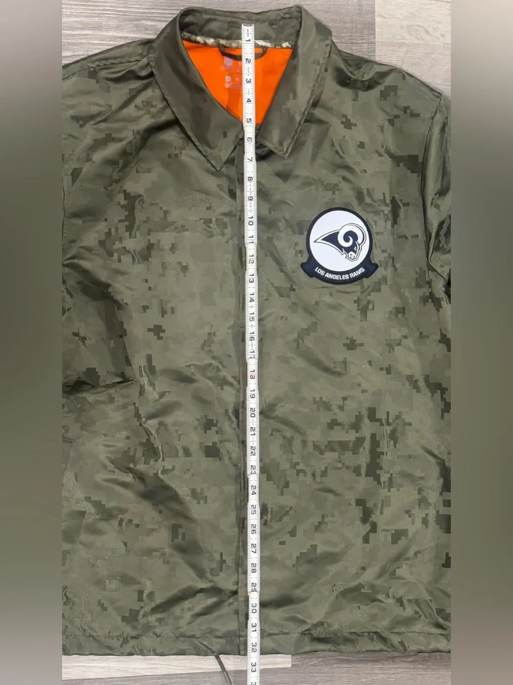 Nike NFL Los Angeles Rams Camo Coach Jacket - Olive Green with Orange Lining